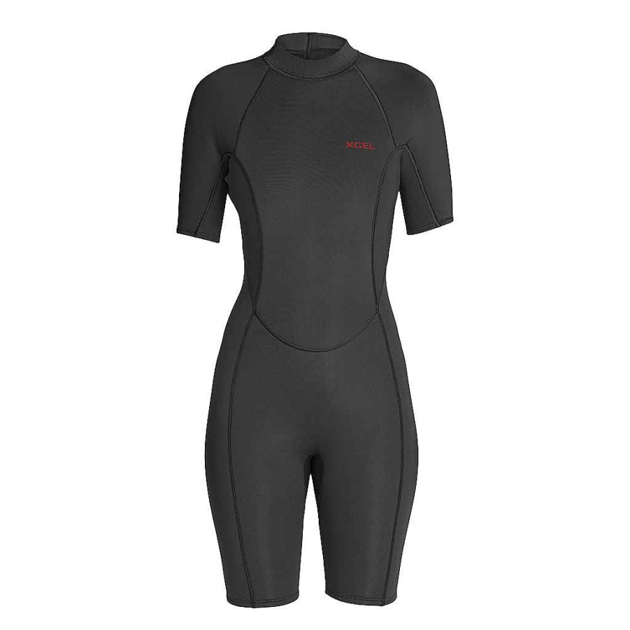 Damen Xcel Damen Achse X + Achse | Damen Axis Short Sleeve Back Zip Springsuit 2Mm Schwarz Mit Roten Logos