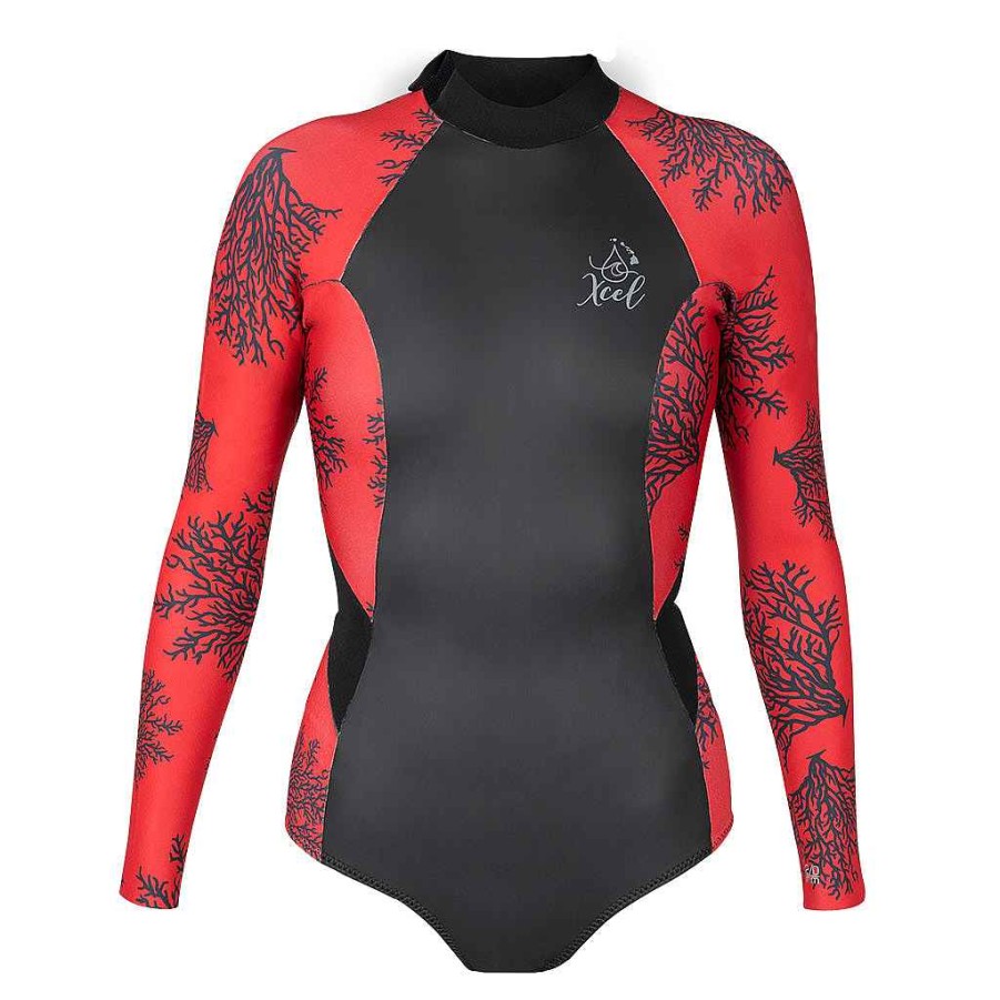 Damen Xcel | Ocean Ramsey Water Inspired Axis Langarm-Springsuit Mit Reisverschluss Hinten Fur Damen, 2 Mm Schwarz/Roter Korallendruck