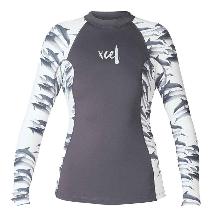 Jugend Xcel | Ocean Ramsey Water Inspired Premium Stretch Langarm-Uv-Top Fur Madchen Gunmetal/Delphin-Druck