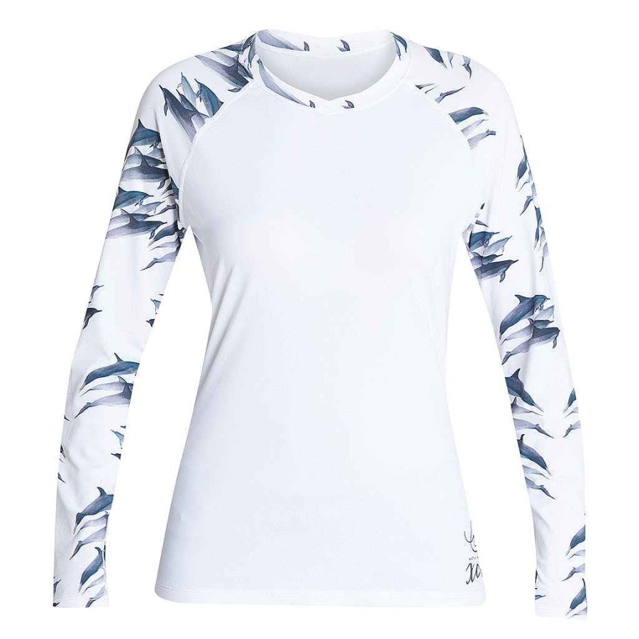 Damen Xcel | Ocean Ramsey Water Inspired Langarm-Ventx-Uv-Oberteil Mit Entspannter Passform Fur Damen Weis/Delfin-Druck