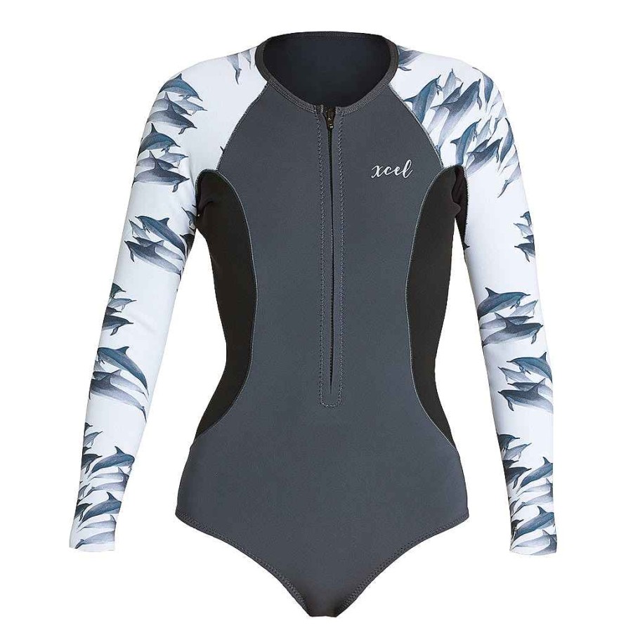 Damen Xcel Damen Achse X + Achse | Ocean Ramsey Water Inspired Axis Langarm-Springsuit Mit Reisverschluss Vorne Fur Damen, 1,5/1 Mm Gunmetal/Delfin